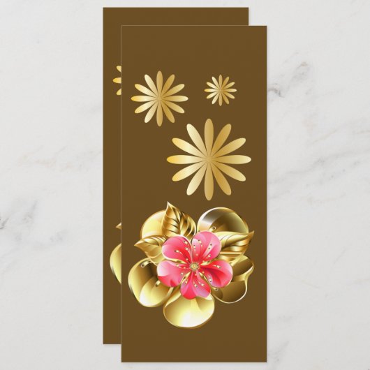 金ゴールドとピンクの花のしおり (正面/裏面)