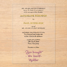 金ゴールドとピンクの花嫁と花婿 アクリル招待状