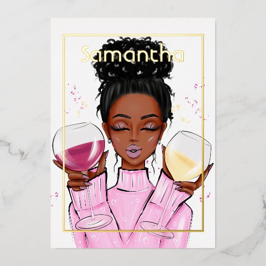 金ゴールドとピンクの誕生日パーティー 箔招待状 (正面)