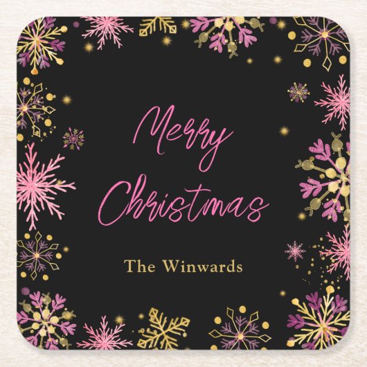 金ゴールドとピンクの雪の結晶クリスマスパーティー スクエアペーパーコースター (正面)
