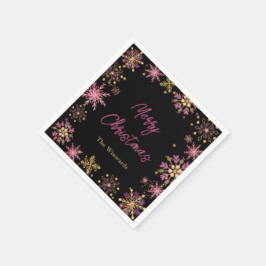 金ゴールドとピンクの雪の結晶クリスマスパーティー スタンダードカクテルナプキン (角)