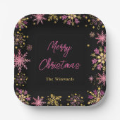 金ゴールドとピンクの雪の結晶クリスマスパーティー ペーパープレート (正面)