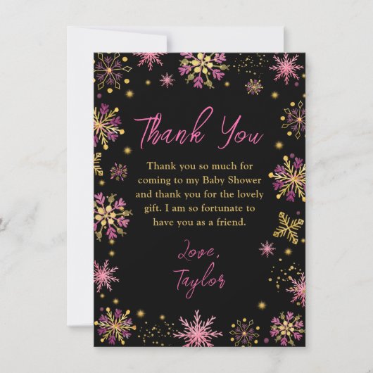 金ゴールドとピンクの雪片の冬の赤ちゃんシャワー サンキューカード (正面)