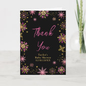 金ゴールドとピンクの雪片ベビーシャワー サンキューカード (正面)