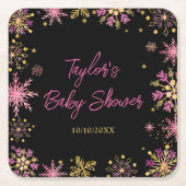 金ゴールドとピンクの雪片ベビーシャワー スクエアペーパーコースター (正面)