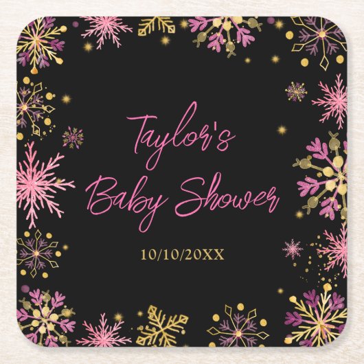 金ゴールドとピンクの雪片ベビーシャワー スクエアペーパーコースター (正面)