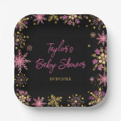 金ゴールドとピンクの雪片ベビーシャワー ペーパープレート (正面)