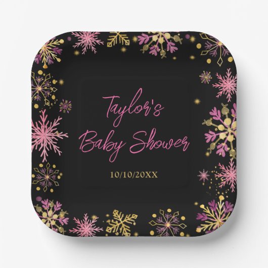 金ゴールドとピンクの雪片ベビーシャワー ペーパープレート (正面)