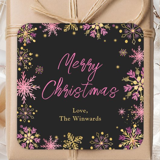金ゴールドとピンクの雪片メリークリスマス スクエアシール