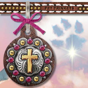 金ゴールドとピンクウェスタンRhinestone Cross Concho ペット　ネームタグ