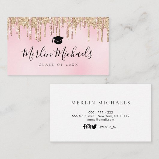 金ゴールドとピンクグリッターの卒業証明書の名刺 名刺 (正面/裏面)