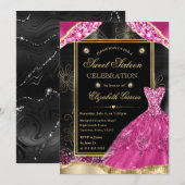 金ゴールドとピンクグリッタードレスSweet sixteen 招待状 (正面/裏面)