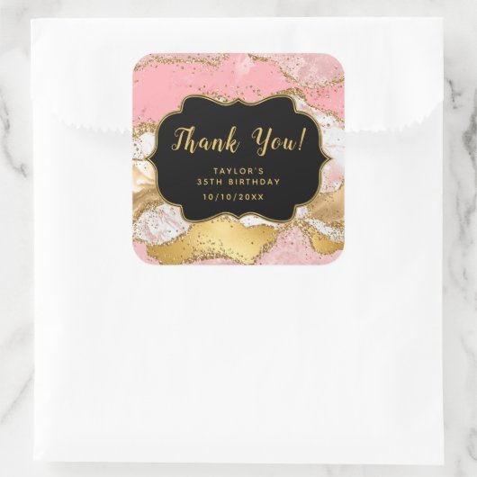 金ゴールドとピンクシークンズアゲイト誕生日ありがとう スクエアシール (バッグ)