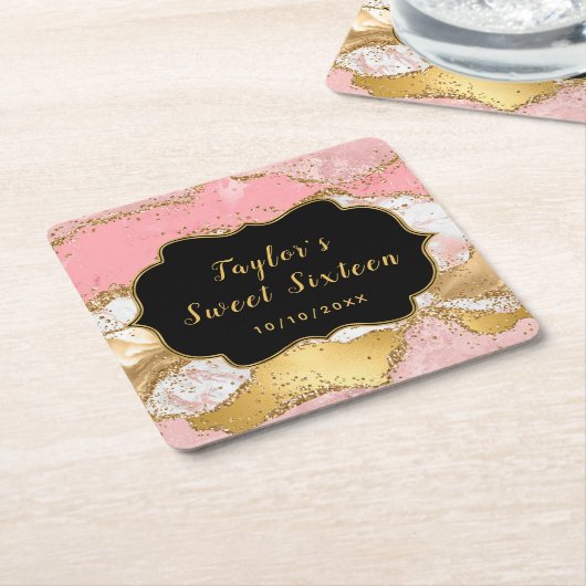 金ゴールドとピンクシークンズアゲイトSweet sixteen スクエアペーパーコースター (アングル)