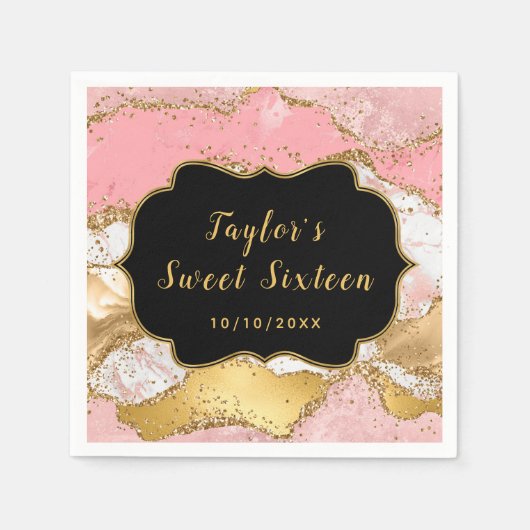 金ゴールドとピンクシークンズアゲイトSweet sixteen スタンダードカクテルナプキン (正面)