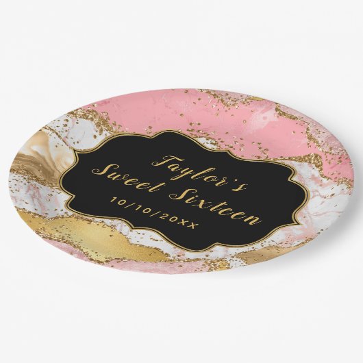 金ゴールドとピンクシークンズアゲイトSweet sixteen ペーパープレート (アングル)
