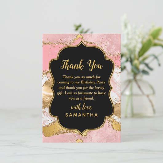 金ゴールドとピンクシークンズアゲート誕生日 サンキューカード (スタンド正面)