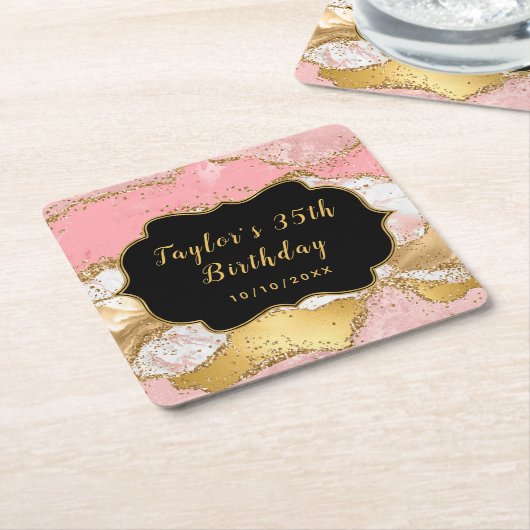 金ゴールドとピンクシークンズアゲート誕生日 スクエアペーパーコースター (アングル)