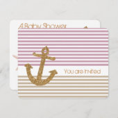 金ゴールドとピンクストライプの航海の赤ちゃんシャワー 招待状 (正面/裏面)