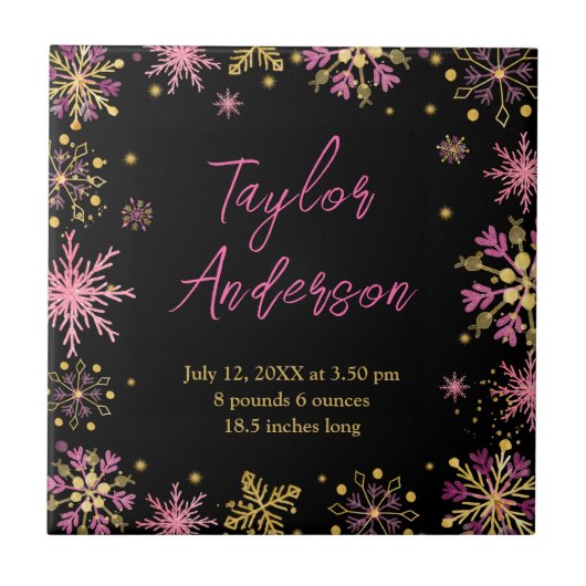 金ゴールドとピンクスノーフレークベビー誕生統計 タイル (正面)