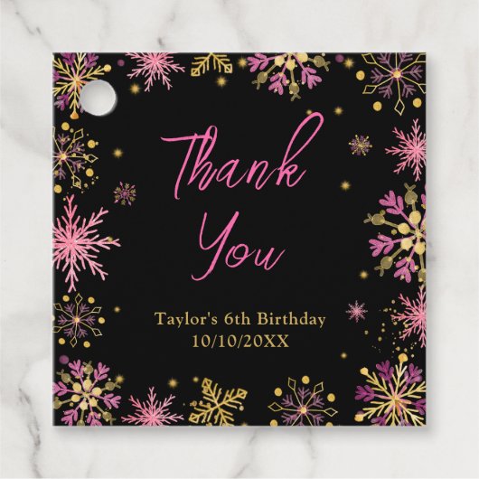 金ゴールドとピンクスノーフレーク誕生日ありがとう フェイバータグ (正面)