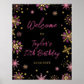 金ゴールドとピンクスノーフレーク誕生日パーティーへようこそ ポスター (正面)