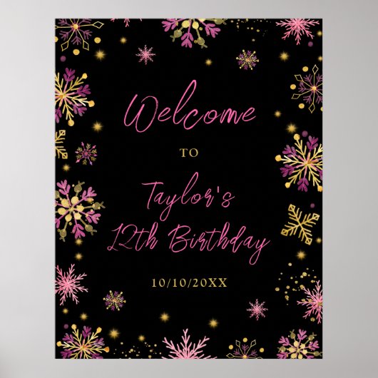 金ゴールドとピンクスノーフレーク誕生日パーティーへようこそ ポスター (正面)