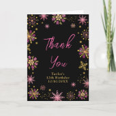 金ゴールドとピンクスノーフレーク誕生日パーティー サンキューカード (正面)
