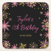 金ゴールドとピンクスノーフレーク誕生日パーティー スクエアペーパーコースター (正面)