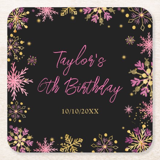 金ゴールドとピンクスノーフレーク誕生日パーティー スクエアペーパーコースター (正面)