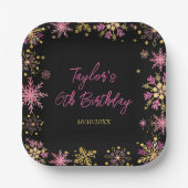 金ゴールドとピンクスノーフレーク誕生日パーティー ペーパープレート (正面)