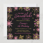 金ゴールドとピンクスノーフレーク誕生日パーティー 招待状 (正面)