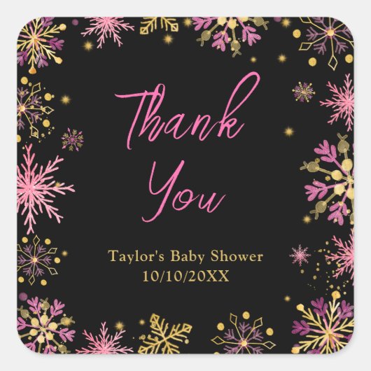 金ゴールドとピンクスノーフレーク赤ちゃんシャワーありがとう スクエアシール (正面)