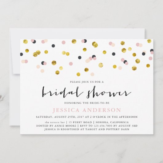 金ゴールドとピンクスプレッレスブライダルシャワーパーティー 招待状 (正面)