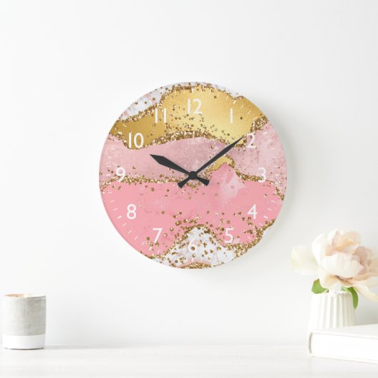 金ゴールドとピンクセクインズアゲート ラージ壁時計 (ホーム)