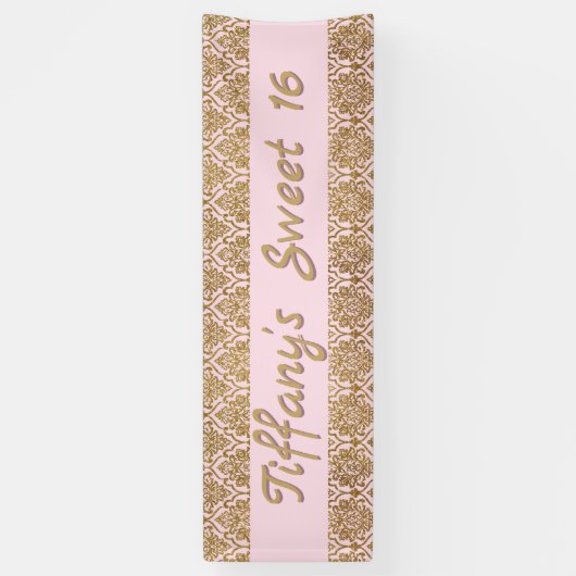 金ゴールドとピンクダマスクお祝いバナー 横断幕 (縦)