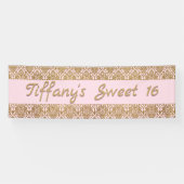 金ゴールドとピンクダマスクお祝いバナー 横断幕 (横)