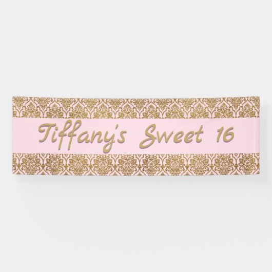 金ゴールドとピンクダマスクお祝いバナー 横断幕 (横)