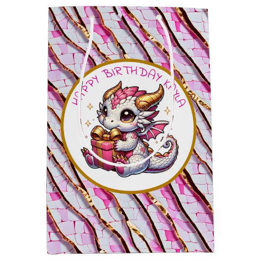 金ゴールドとピンクドラゴンガール誕生日 ミディアムペーパーバッグ (正面)