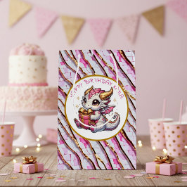 金ゴールドとピンクドラゴンガール誕生日 ミディアムペーパーバッグ