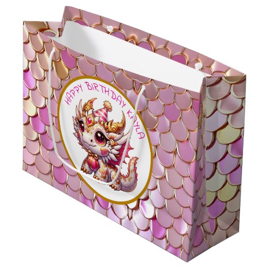 金ゴールドとピンクドラゴンガール誕生日 ラージペーパーバッグ (正面アングル)