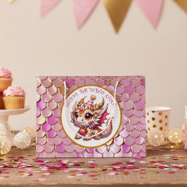 金ゴールドとピンクドラゴンガール誕生日 ラージペーパーバッグ