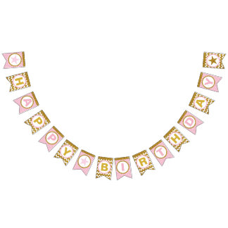 金ゴールドとピンクハッピーバースデーのバンティングフラグカスタム、 バンティングフラッグ