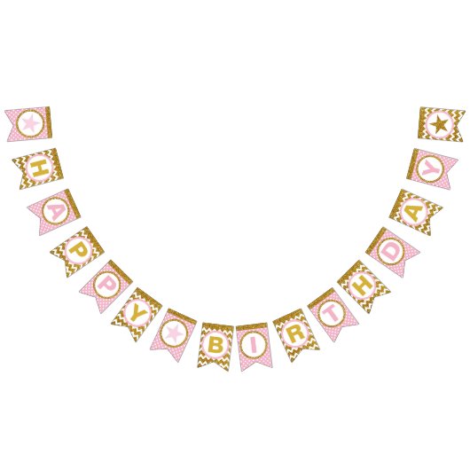 金ゴールドとピンクハッピーバースデーのバンティングフラグカスタム、 バンティングフラッグ (全)