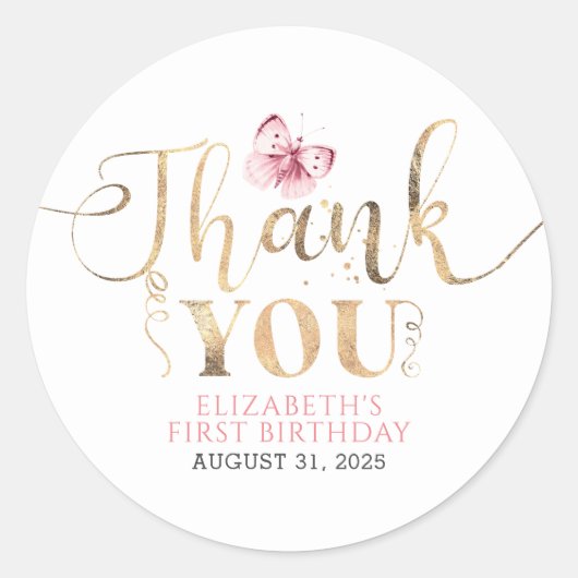 金ゴールドとピンクバタフライ ラウンドシール (正面)