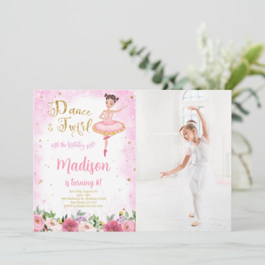 金ゴールドとピンクバレリーナフォト招待状 招待状 (スタンド正面)