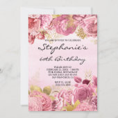 金ゴールドとピンクフローラ水彩第60誕生日 招待状 (正面)