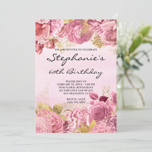 金ゴールドとピンクフローラ水彩第60誕生日 招待状 (スタンド正面)