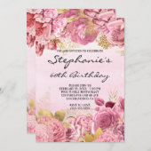 金ゴールドとピンクフローラ水彩第60誕生日 招待状 (正面/裏面)