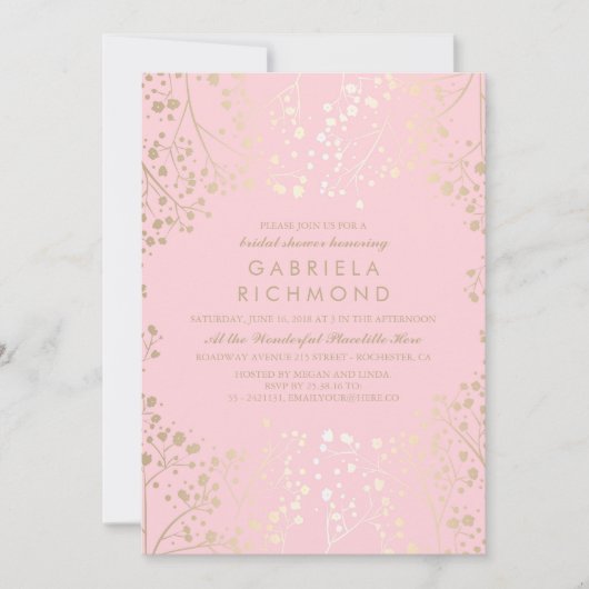 金ゴールドとピンクベビーズブレスブライダルシャワー 招待状 (正面)